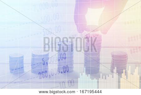pile coin money with account book finance and banking concept for background.concept in grow and walk step by step for success in business