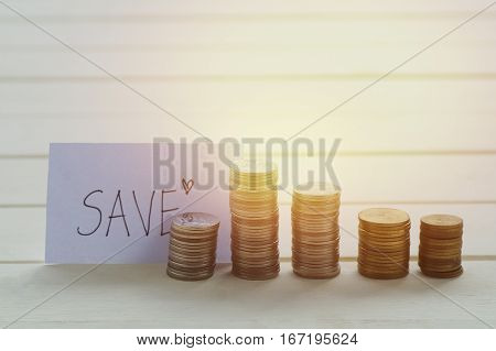 Money coin deposit of save money for prepare in the future. save sign with coin on table