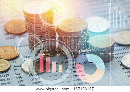 pile coin money with account book finance and banking concept for background.concept in grow and walk step by step for success in business