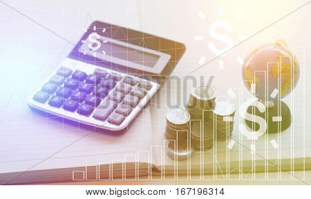 pile coin money with calculator and globe concept for account and finance of bank background