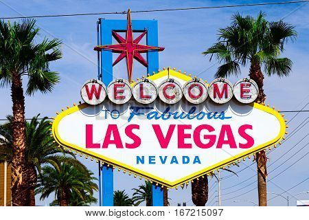 A view of Welcome to Fabulous Las Vegas sign in Las Vegas Strip at day time