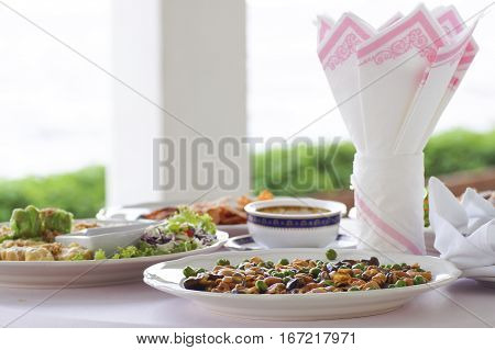 Broad bean fried on plate with Tissue and white cloth for appetizer food