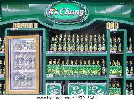 BANGKOK - JAN 26: View of Chang Beer bottles on display in a supermarket on Jan 26 2017 in Bangkok Thailand. Chang is owned by ThaiBev the largest beverages company in Thailand.