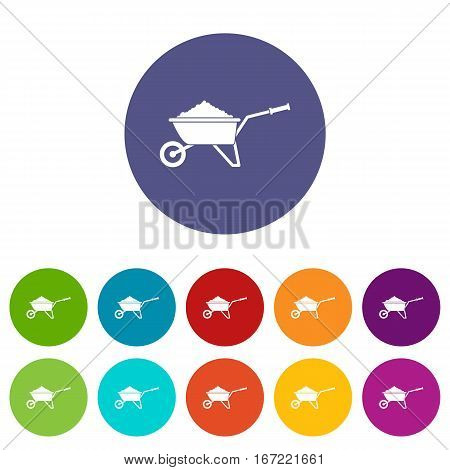 Wheelbarrow loaded with soil set icons in different colors isolated on white background