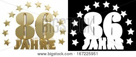 Golden eighty six and the word of the year decorated with stars. Translated from the German. 3D illustration