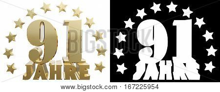 Golden ninety one and the word of the year decorated with stars. Translated from the German. 3D illustration