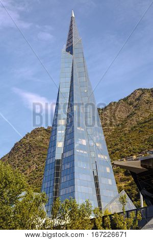 Escaldes Andorra - September 25 2016: View of the balneary of Caldea designed by the architect Jean-Michel Ruols in 1994 and expanded between 2010 and 2013.