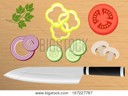 Cutting board with sliced vegetables. Slices of cucumber, onion, tomato, champignon, parsley placed on a cutting board with kitchen knife. Vector background, or separate design elemetns.