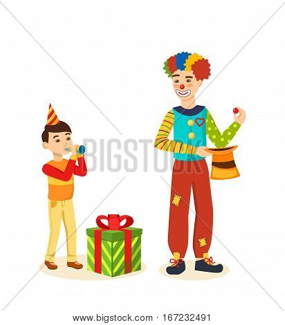 Clown animator shows tricks and scenes, amusing and delighting children and guests, next to boy playing on a pipe. Vector illustration. Cartoon vector illustration isolated on white background.