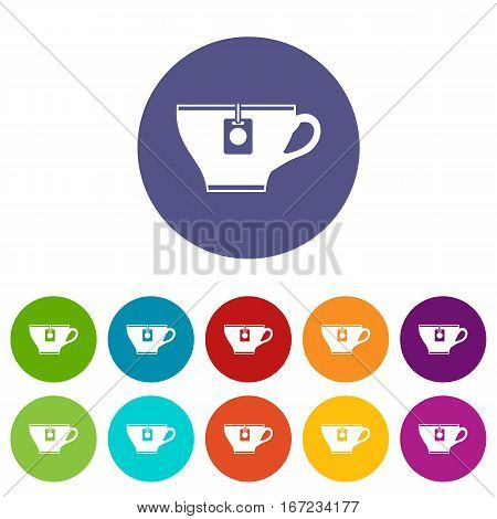 Cup with teabag set icons in different colors isolated on white background