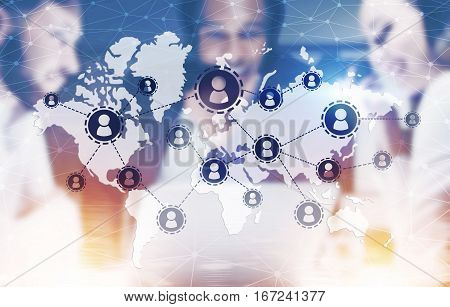 Global networking and teamwork concept. Abstract image of young people with map and connected human recources icons discussing something