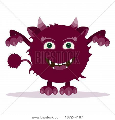 Angry cartoon monster. Halloween vector fluffy shaggy horned monster