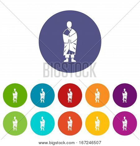 Buddhist monk set icons in different colors isolated on white background