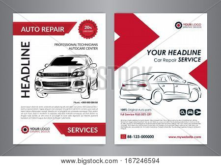 Set auto repair business layout templates automobile magazine cover auto repair shop brochure mockup flyer. Vector illustration.