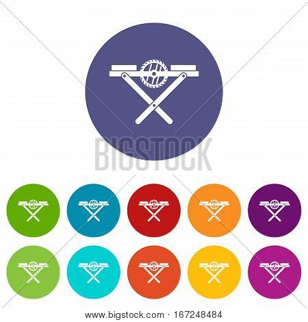Power saw bench set icons in different colors isolated on white background