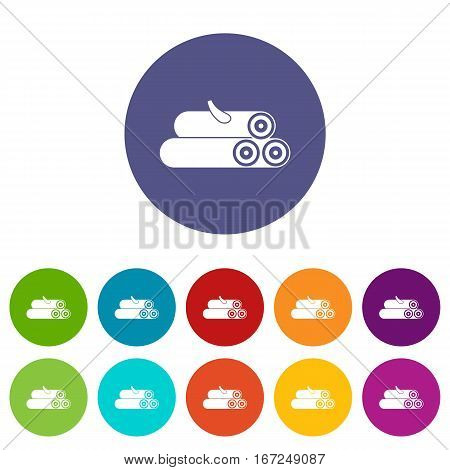 Wooden logs set icons in different colors isolated on white background