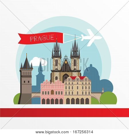Prague detailed silhouette. Trendy stylish colorful landmarks. The concept for a web banner. The Church of Mother of God before Tyn and the Charles Bridge - The symbol of Chezh Republic
