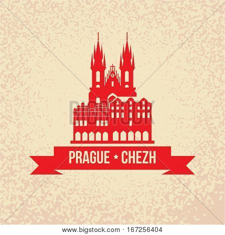 The Church of Mother of God before Tyn, often translated as Church of Our Lady before Tyn. The symbol of Prague, Chezh Republic. Vector silhouette. Icon for travel agency. Retro vintage design