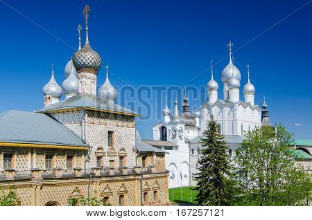 Hodegetria Church and Church of the Resurrection of Christ in the Rostov Kremlin Yaroslavl oblast Russia. Golden Ring of Russia.