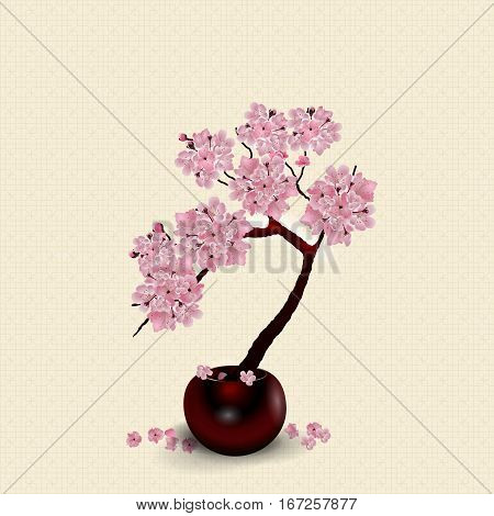 Ikebana. Composition. Figure lush Sakura flower. Against the background of stylized rice paper with shadow. vector illustration