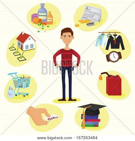 Family budget composition of full length male character with empty pockets surrounded by valuable things circle vector illustration