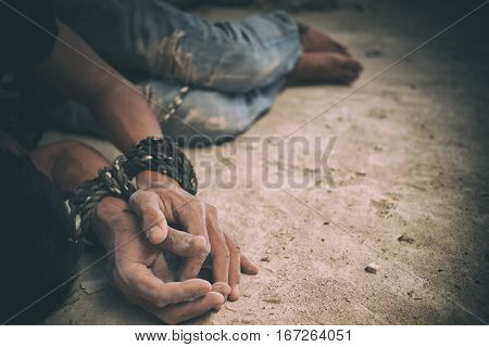 Hopeless Man Hands Tied Together With Rope