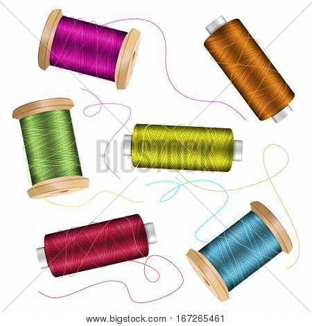Thread Spool Set Background. For Needlework And Needlecraft. Stock Vector Illustration Of Yarn Or Cotton Bobbin Reels. Isolated On White Background