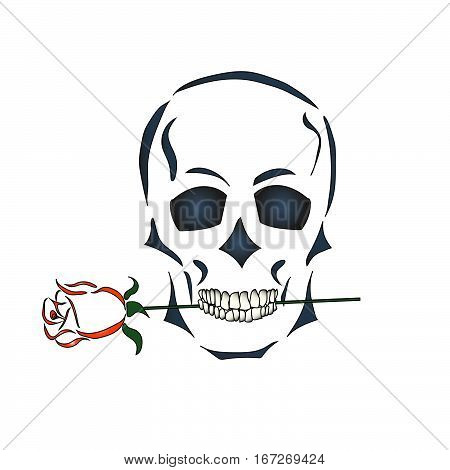 Skull holds a rose in his teeth. Hand drawn.  Isolated vector object.