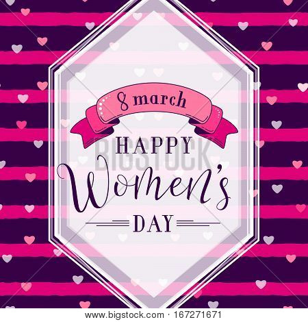 Vector illustration of stylish 8 march womens day greeting card with lettering typography text sign, hearts, white angled shape frame, ribbon on seamless rough stripes in Memphis style