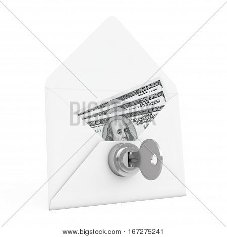 Security Concept. Money in Envelope with Key and Keylock on a white background. 3d Rendering.