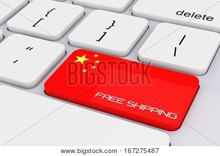 Computer Keyboard Key with China Flag and Free Shipping Sign extreme closeup. 3d Rendering.