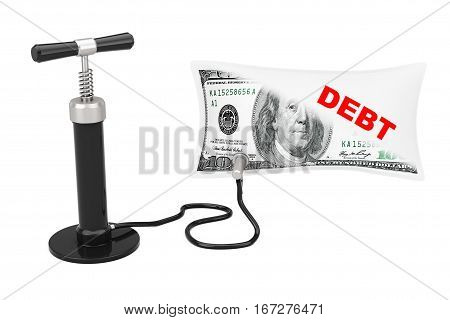 Black Hand Air Pump Inflates US Dollars Balloon with Debt Sign on a white background. 3d Rendering