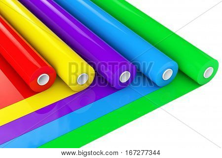 Multicolor PVC Polythene Plastic Tape Rolls or Foil on a white background. 3d Rendering.