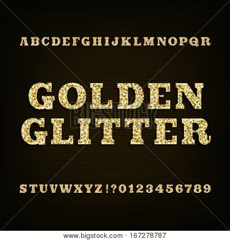 Golden glitter alphabet font. Slab serif letters numbers and symbols. Stock vector typeface for your design.