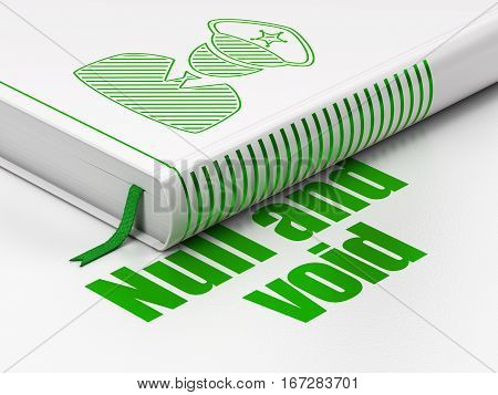 Law concept: closed book with Green Police icon and text Null And Void on floor, white background, 3D rendering
