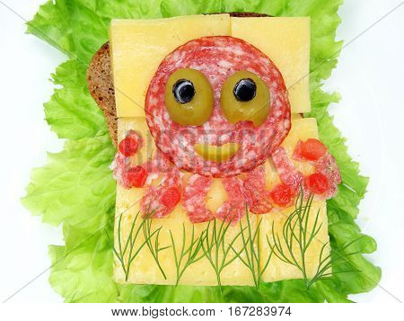 creative sandwich with cheese and sausage sprut form