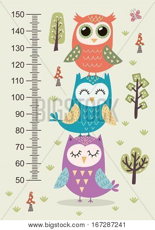Kids height meter with cute owls. Funny stadiometer from 50 to 150 centimeter. Vector illustration