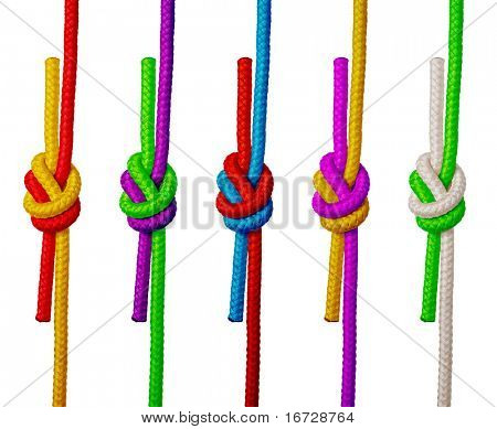 Varicolored ropes with knot on white background (isolated).