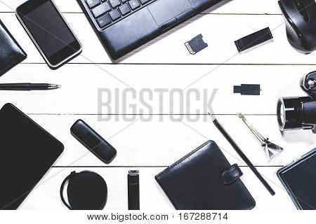 Set for home office on white background. Top view