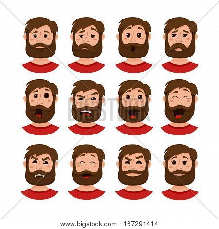 Beard men facial expression isolated icons. Cute color vector illustration of hipster guy faces avatars showing different emotions smiling, sad, surprised, crying, shy, laugh happy in flat style.