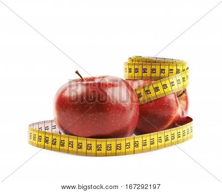 Two ripe red apples tied with yellow measuring tape as a fitness composition isolated over the white background
