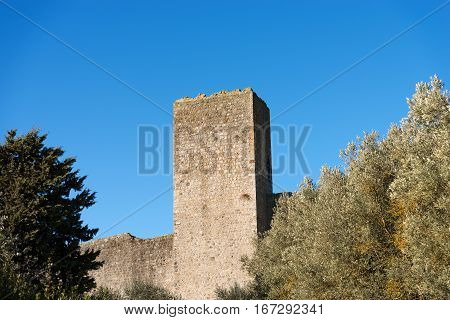 Detail of fortified town of Monteriggioni ancient medieval village near Siena Toscana (Tuscany) Italy Europe