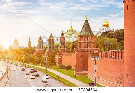 Traffic on the Kremlyovskaya embankment in Moscow with sunlight effect