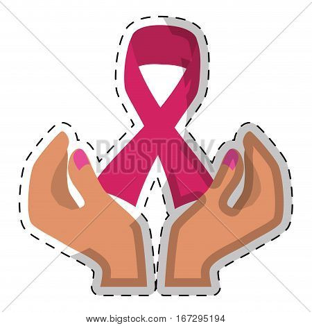 Fucsia ribbon breast cancer signal in the hands , vector illustration