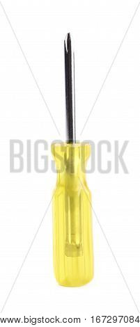 Tiny crosshead screwdriver with a plastic yellow handle, isolated over the white background