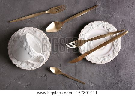 Tea set on grey background
