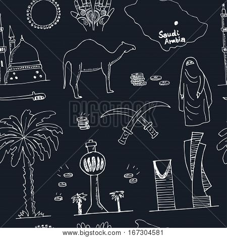 Handdrawn seamless pattern Saudi Arabia Landmarks and icons with country English and Arabic Modern concept doodle sketch vector illustration