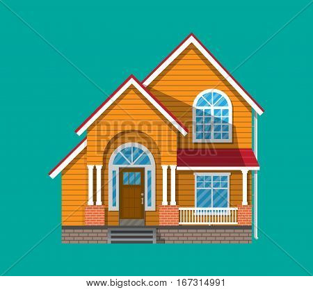 Suburban family house. countrysdie wooden house icon. vector illustration in flat style