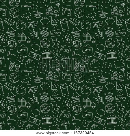 Seamless pattern business, Finance and money-vector illustration. Dark green background. Online shop, video surveillance and call center.