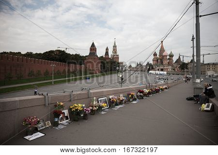 MOSCOW - SEPTEMBER 22 2015: Memorial to Boris Nemtsov on Bolshoy Moskvoretsky Bridge. Politician was assassinated here on February 27 2015